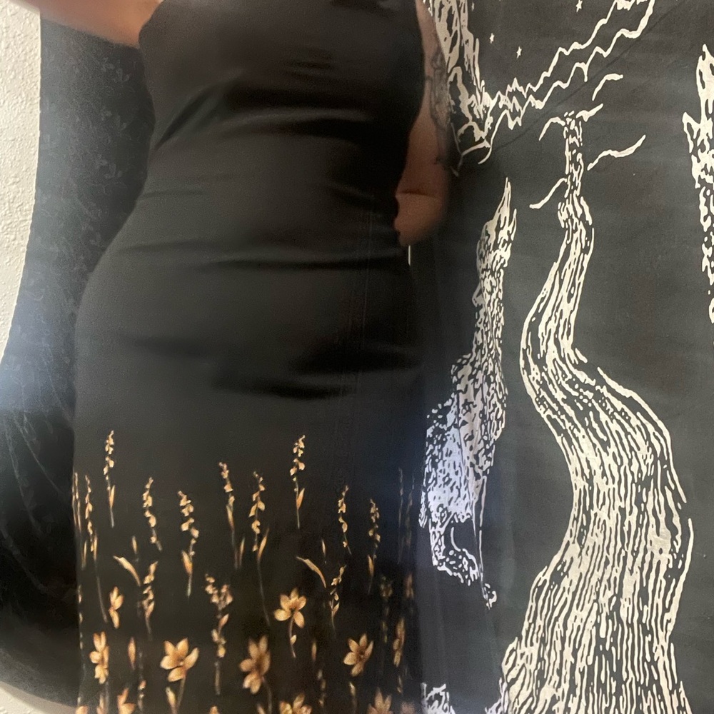 90s long black dress with yellow/gold flower detailing